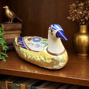 Vintage Mexican Tonala Duck Hand Painted Folk Art Bird with Solid Brass Overlay